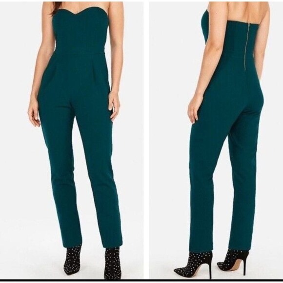 Express Strapless Sweetheart Jumpsuit Forest Green Gold Zip Pocket Slim Leg 4 - Picture 3 of 4